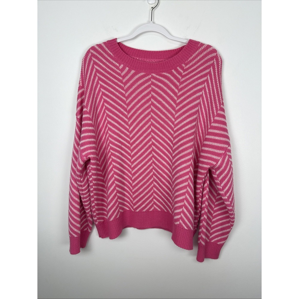 SHEIN Pink & White Chevron Long Sleeve Crewneck Knit Casual Chic Sweater Plus 1X